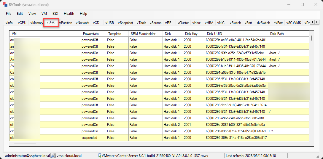 RVTools vDisk worksheet example for attached virtual disks