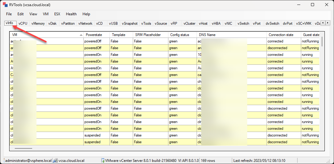 RVTools vInfo worksheet with virtual machine power state, template, configuration, DNS, connection, and guest state columns.